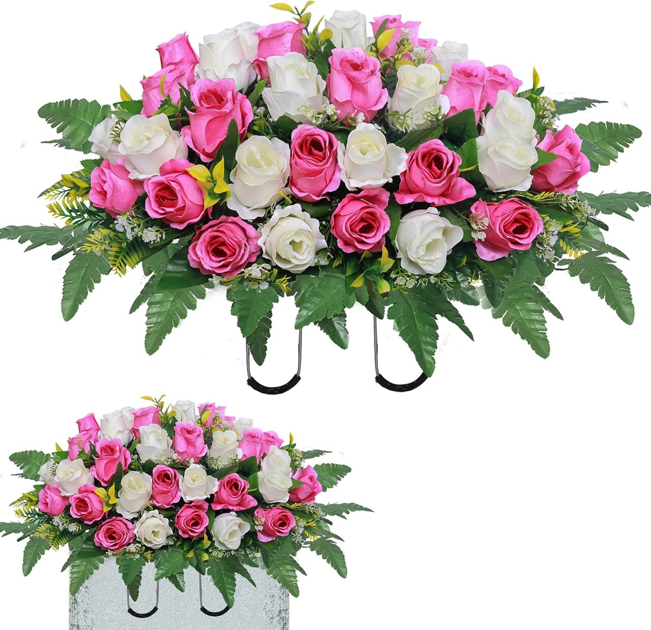 Artificial Cemetery Flower Saddle – Pink & White Silk Rose Headstone Bouquet, Outdoor Grave Memorial Flowers with Vase, Tombstone Decoration